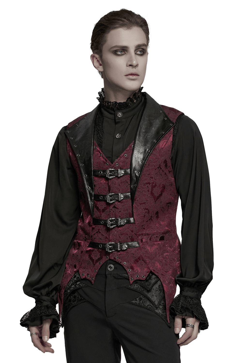 Gothic brocade waistcoat in burgundy with leather buckles, bat hem, and eyelet details, perfect for gothic and steampunk looks.