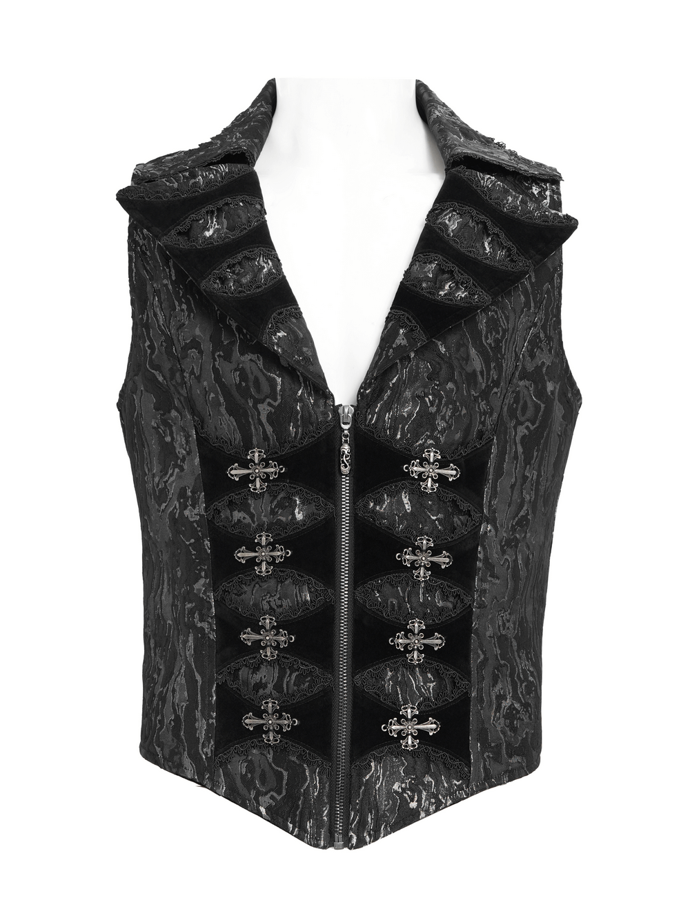 Gothic Brocade Waistcoat with Metal Clasps and High Collar featuring dramatic ruffled collar and zipper.