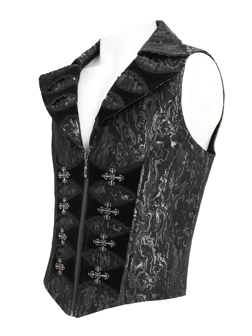 Gothic Brocade Waistcoat with Metal Clasps and High Collar displayed on a mannequin showcasing its luxurious design.