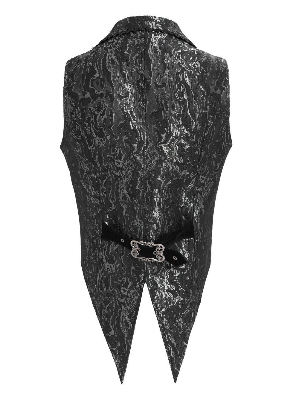 Gothic Brocade Waistcoat with Metal Clasps and High Collar back view showcasing pointed tail design and velvet accents.
