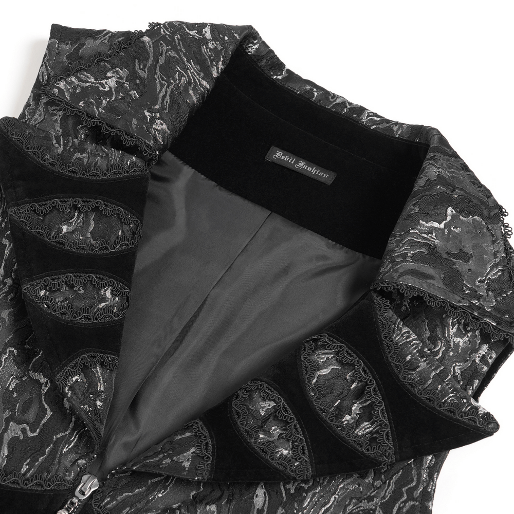 Gothic Brocade Waistcoat with Metal Clasps and High Collar interior detail showcasing ruffled collar and zipper.