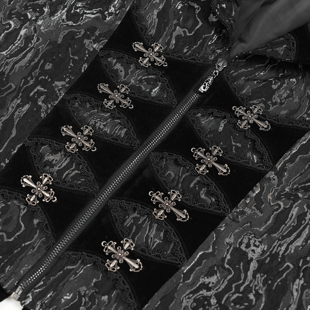 Gothic Brocade Waistcoat with Metal Clasps and High Collar showcasing intricate black brocade and zipper details.