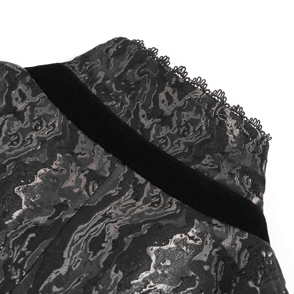 Gothic Brocade Waistcoat with Metal Clasps and High Collar close-up of dramatic ruffled collar and textured design.