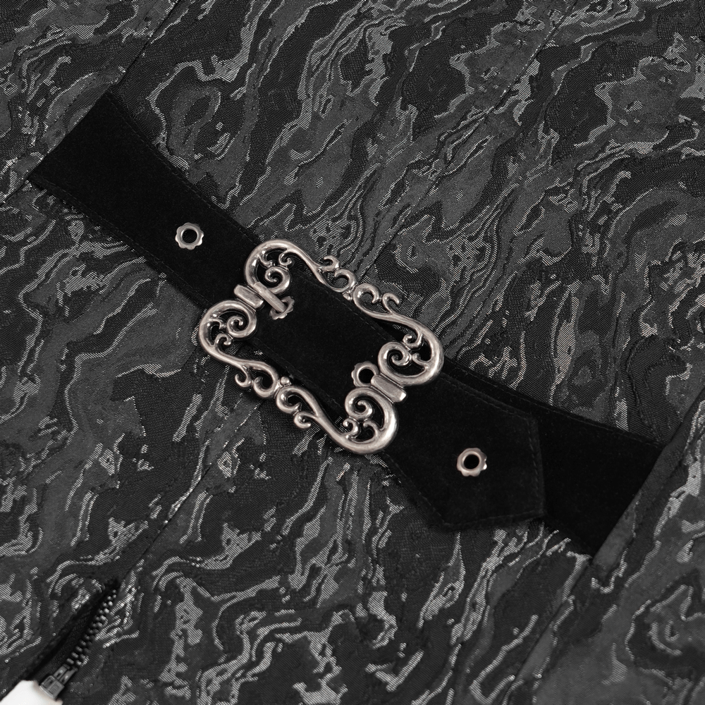 Gothic Brocade Waistcoat with Metal Clasps and High Collar showing ornate metal clasps and dark textured fabric.