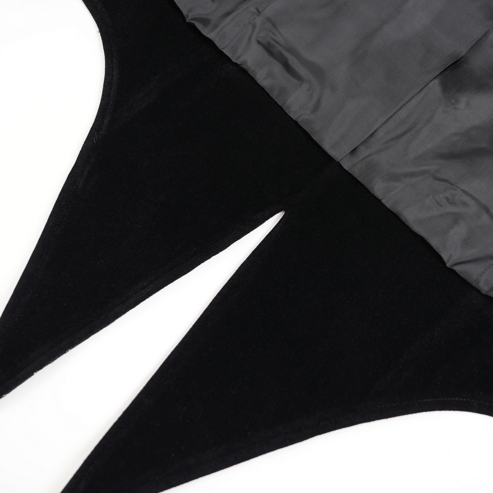 Gothic Brocade Waistcoat with Metal Clasps and High Collar showing the pointed tail back design