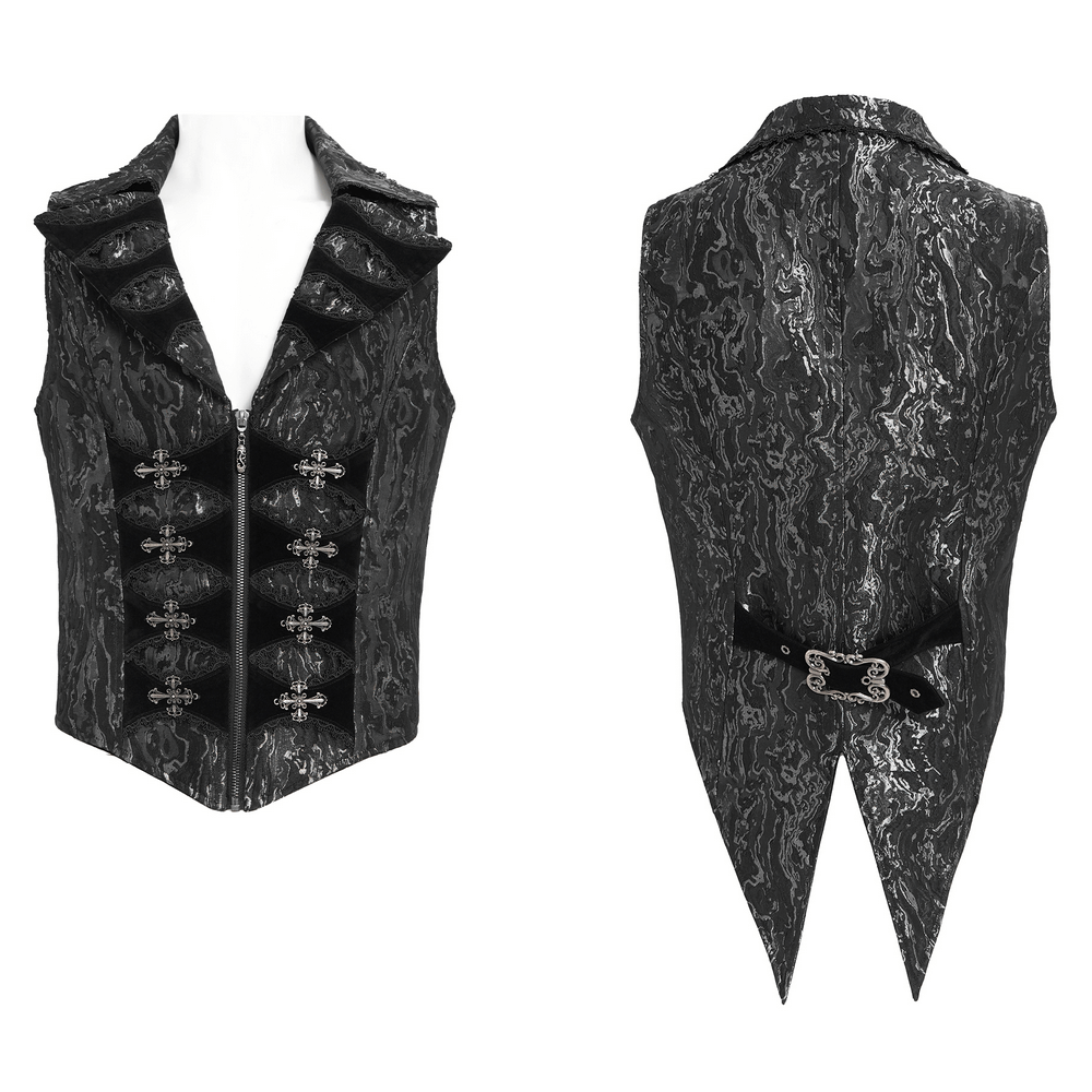 Gothic Brocade Waistcoat with Metal Clasps and High Collar displaying front and back views with zipper design.