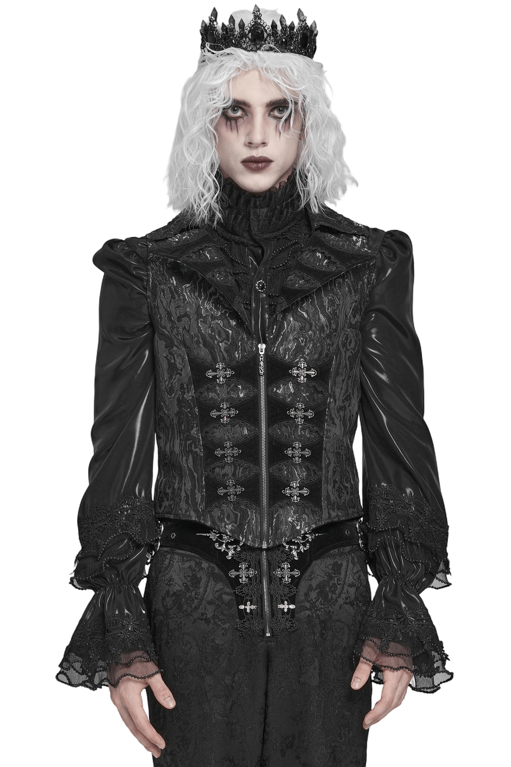 Gothic Brocade Waistcoat with Metal Clasps and High Collar worn by a model with white hair and crown.