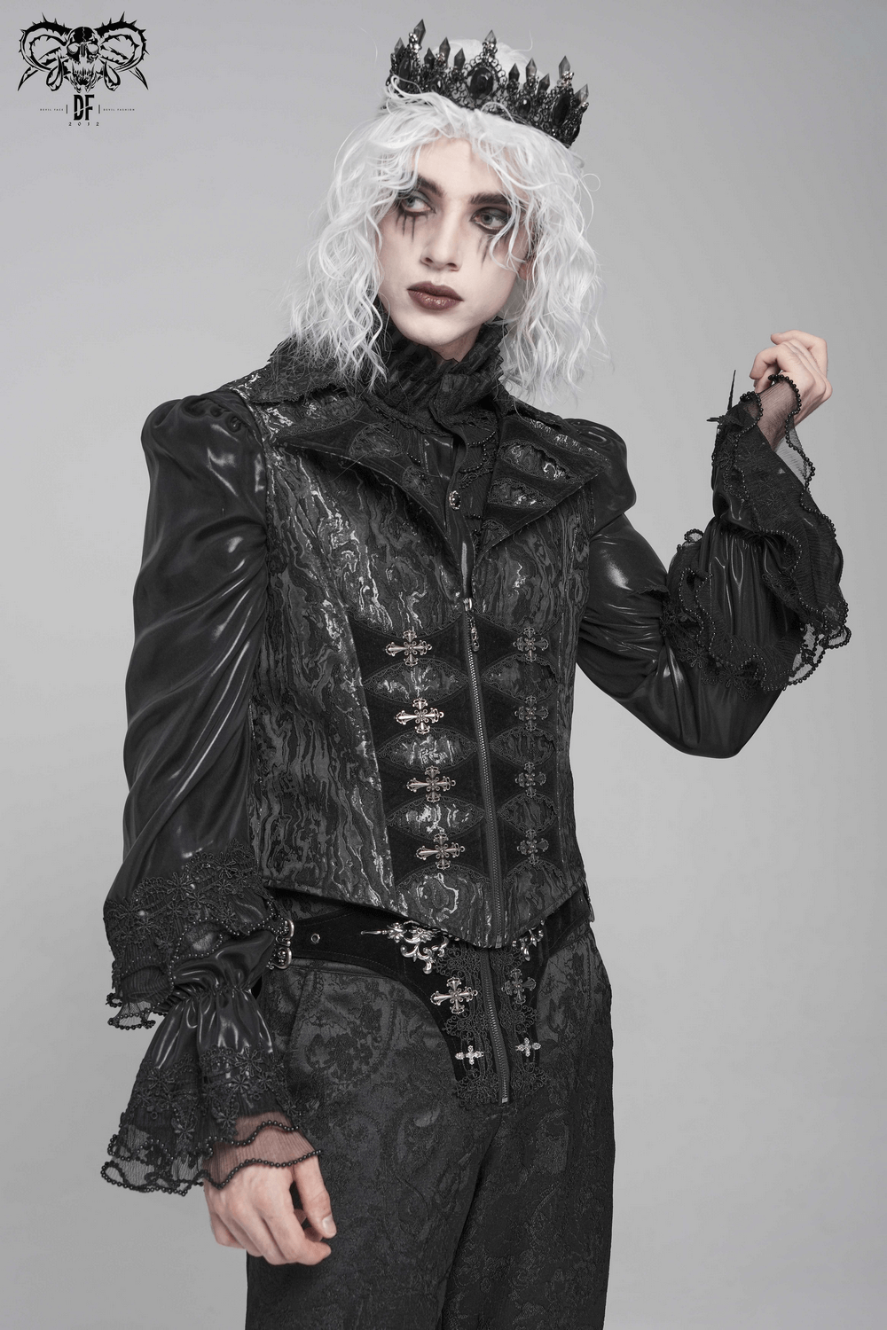 Gothic Brocade Waistcoat with Metal Clasps and High Collar worn by a model with dramatic styling and a crown.