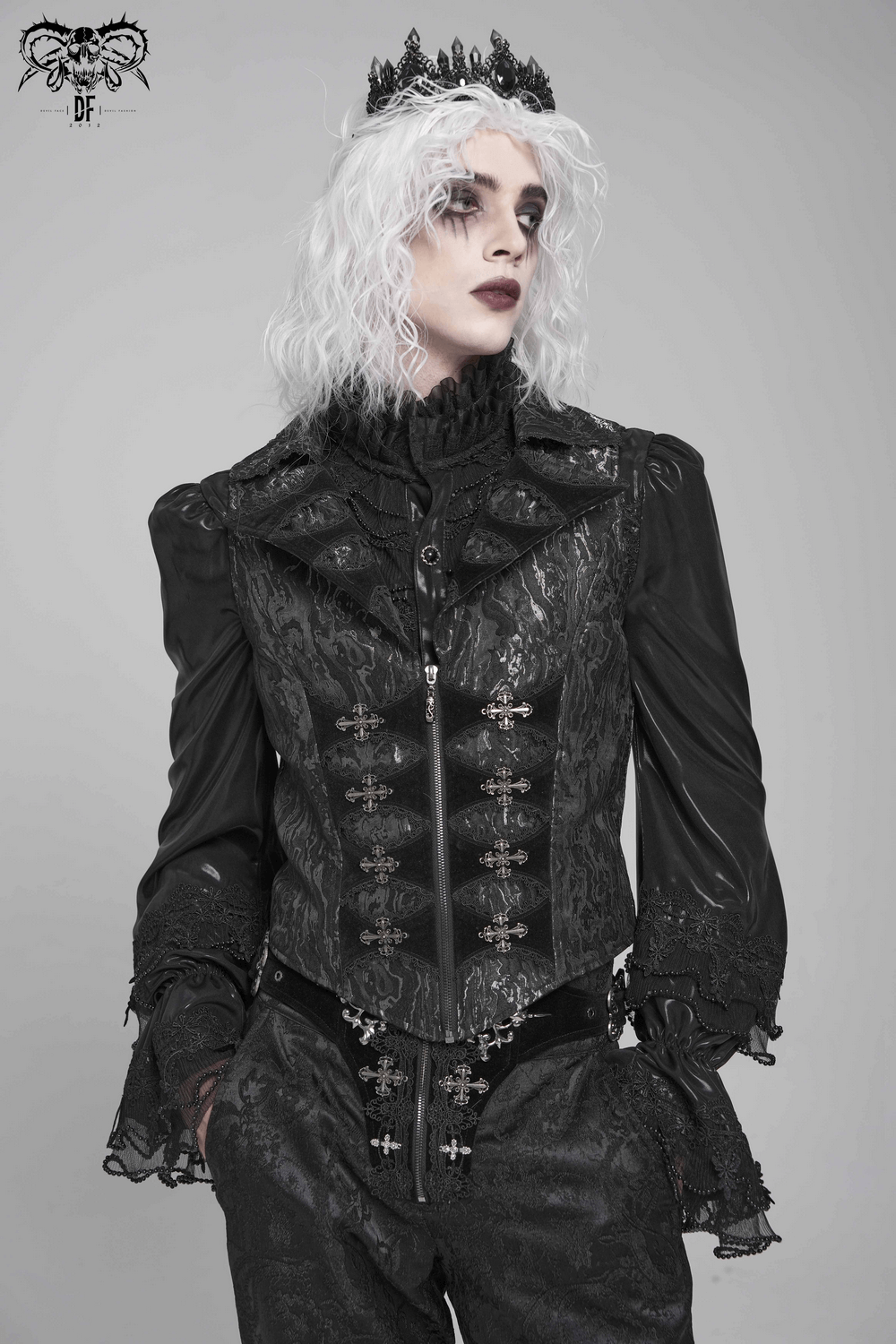 Gothic Brocade Waistcoat with Metal Clasps and High Collar on a model showcasing its Victorian charm.