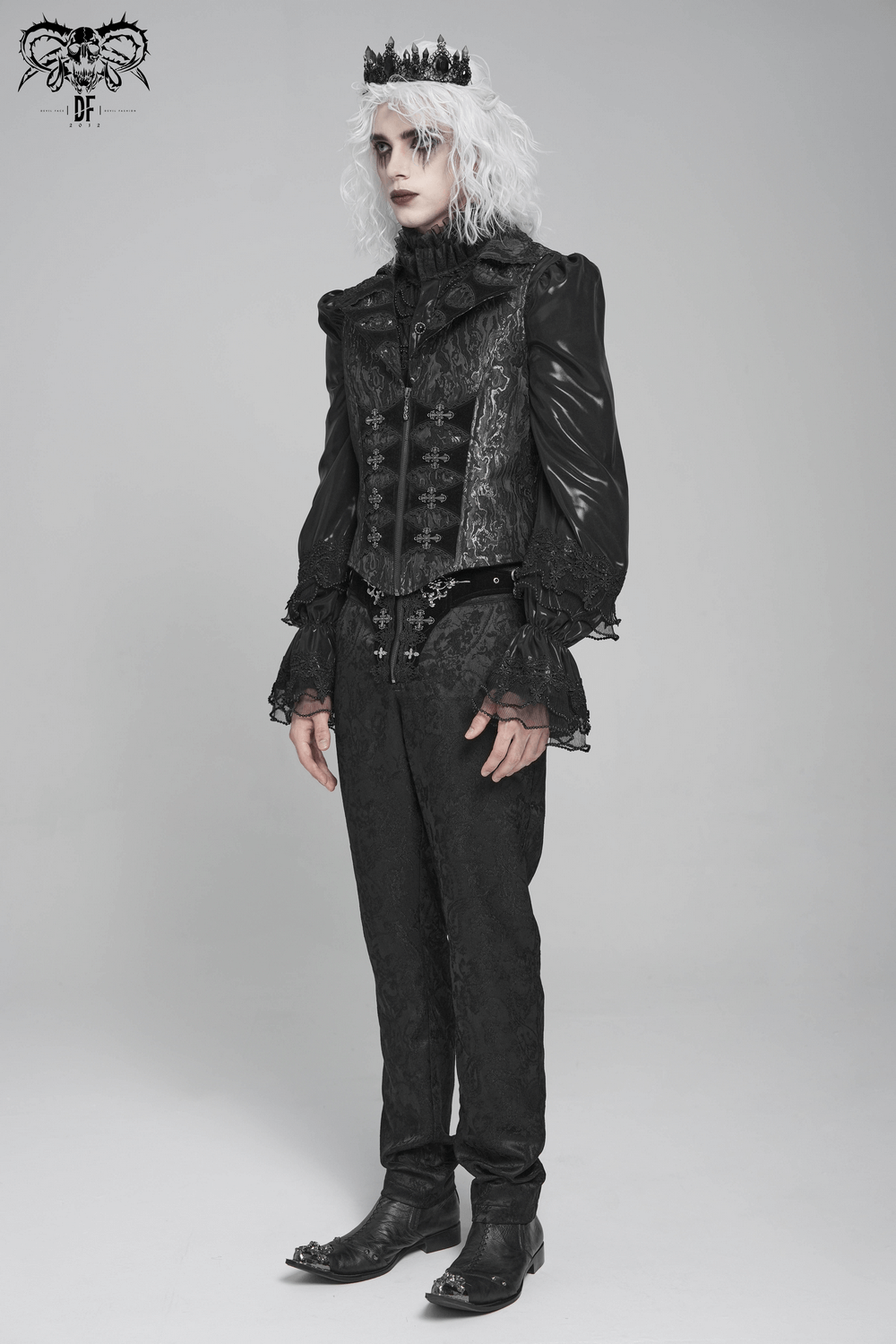 Gothic Brocade Waistcoat with Metal Clasps and High Collar worn by a model with white hair and a crown.