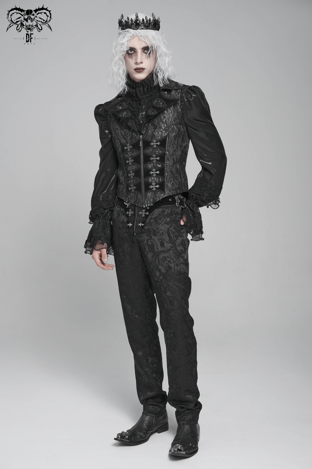 Gothic Brocade Waistcoat with Metal Clasps and High Collar worn by a model in dark formal wear.