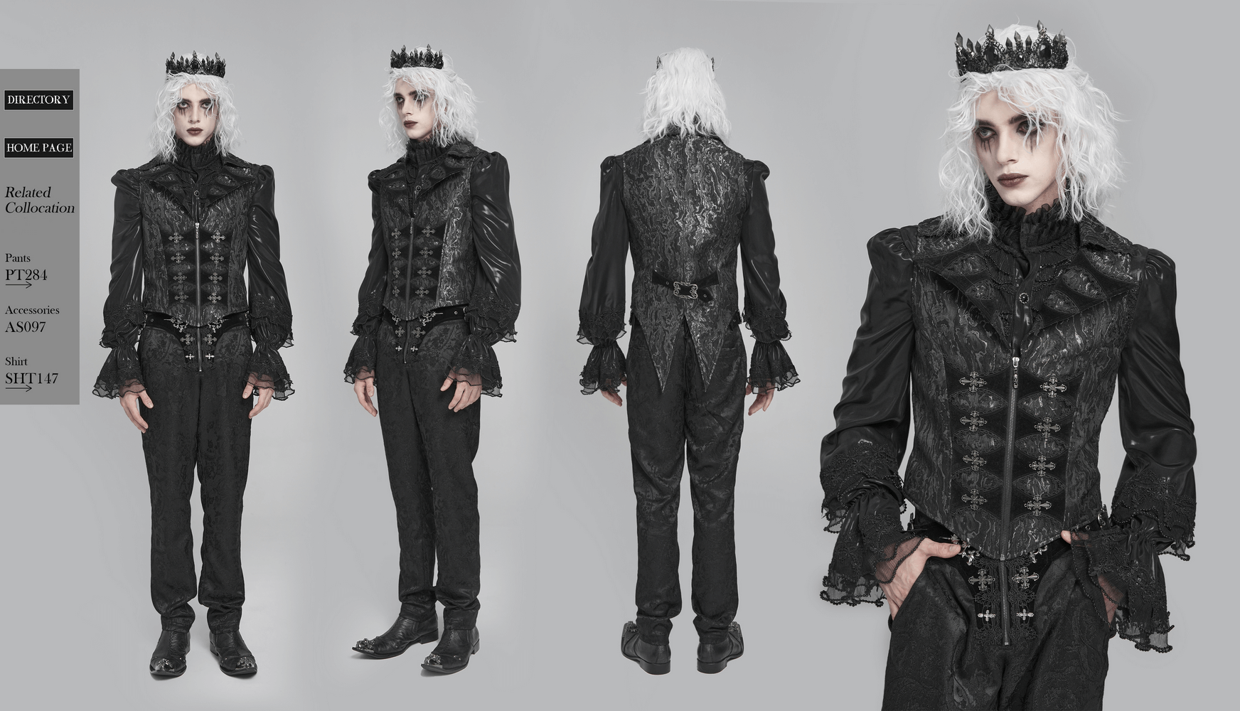 Gothic Brocade Waistcoat with Metal Clasps and High Collar showcased in stylish gothic outfit.