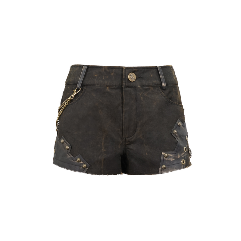 Gothic brown rivets studded shorts with leather inserts and chain, perfect for a steampunk wardrobe.