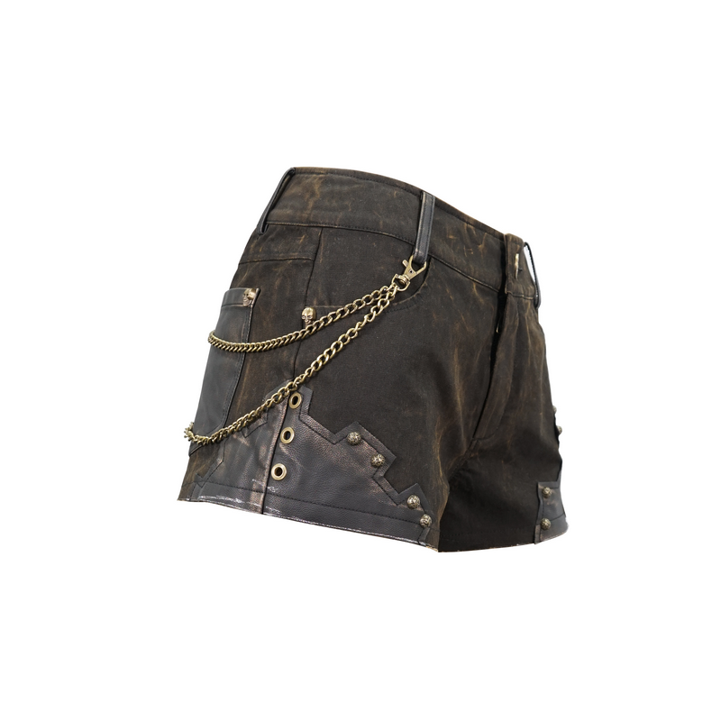 Gothic brown rivets studded shorts adorned with chain, perfect for a stylish steampunk wardrobe.