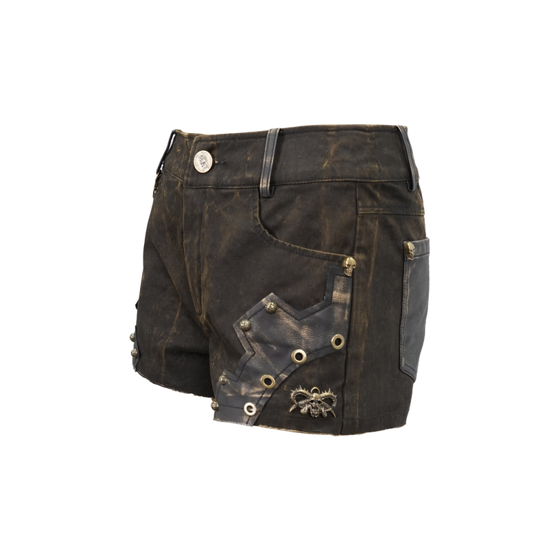 Gothic brown rivets studded shorts with leather inserts, perfect for a stylish steampunk wardrobe.