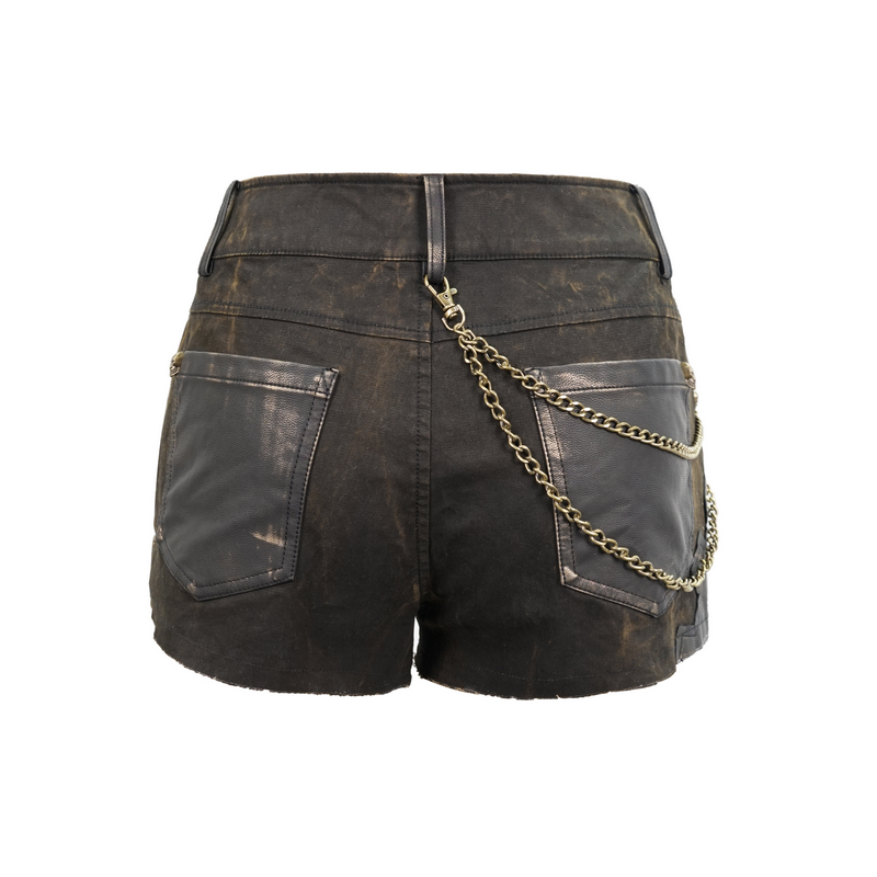 Back view of steampunk brown rivets studded shorts with leather inserts and chain, stylish women's fashion.