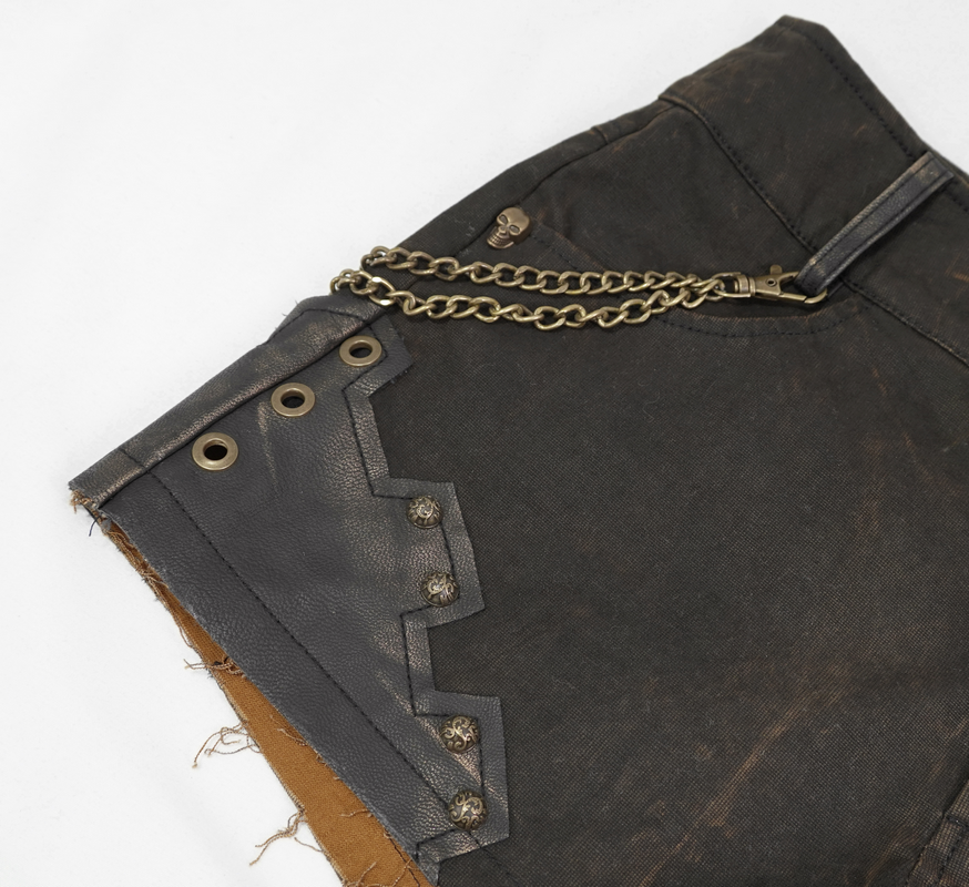 Gothic brown rivets studded shorts with chain detail and leather inserts, perfect for steampunk fashion enthusiasts.