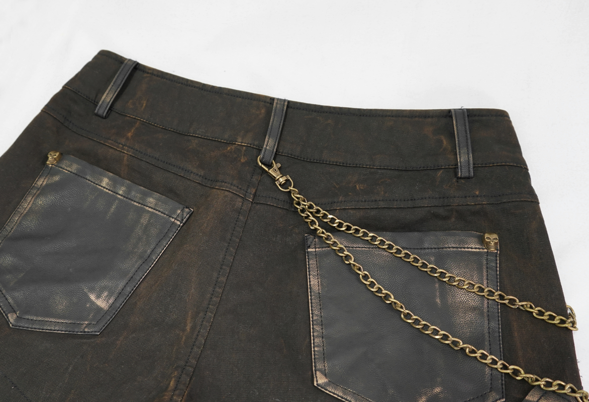 Back view of steampunk brown shorts featuring leather inserts and a stylish gold chain accent.