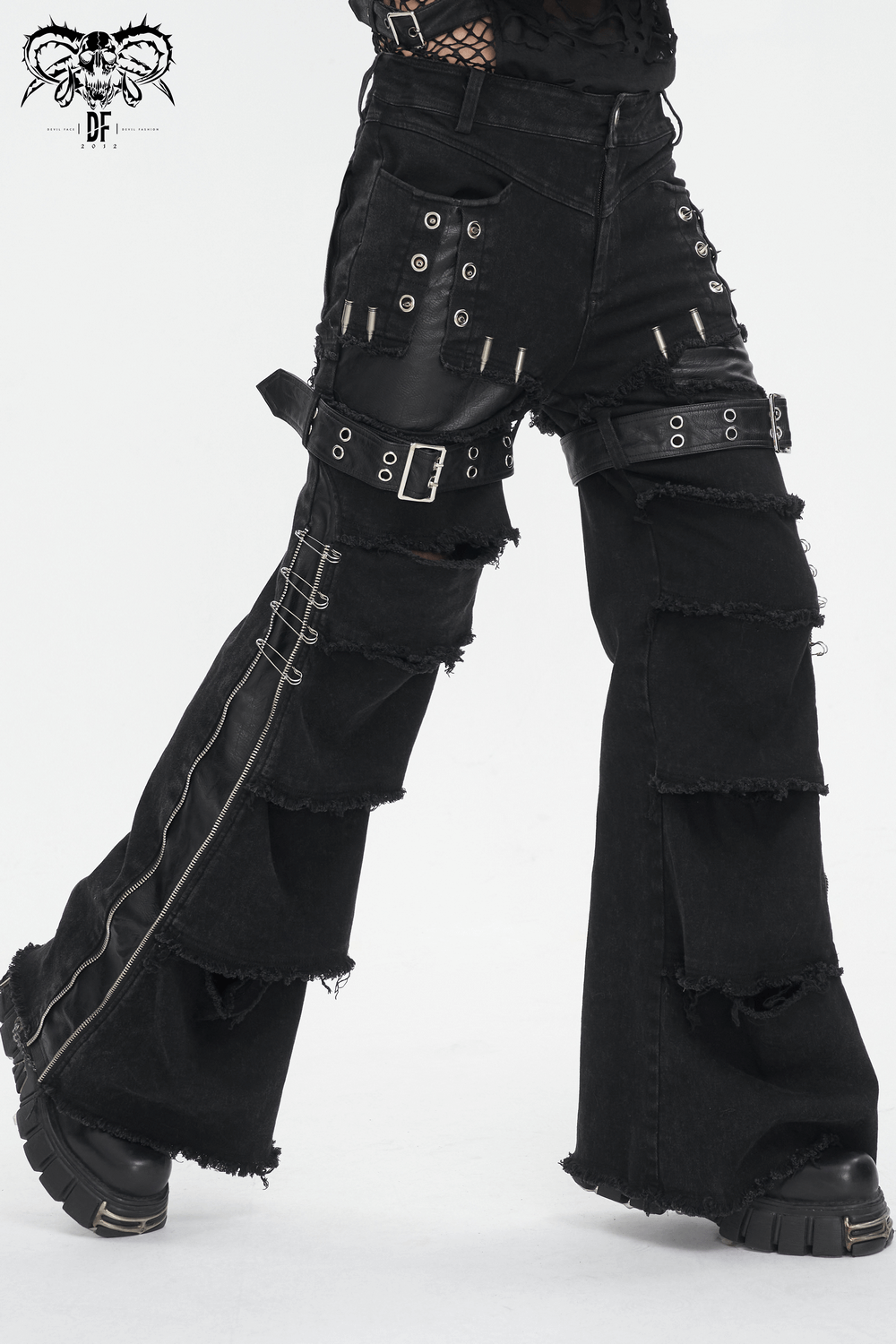 Gothic Buckle and Chain Flared Jeans for Edgy Style