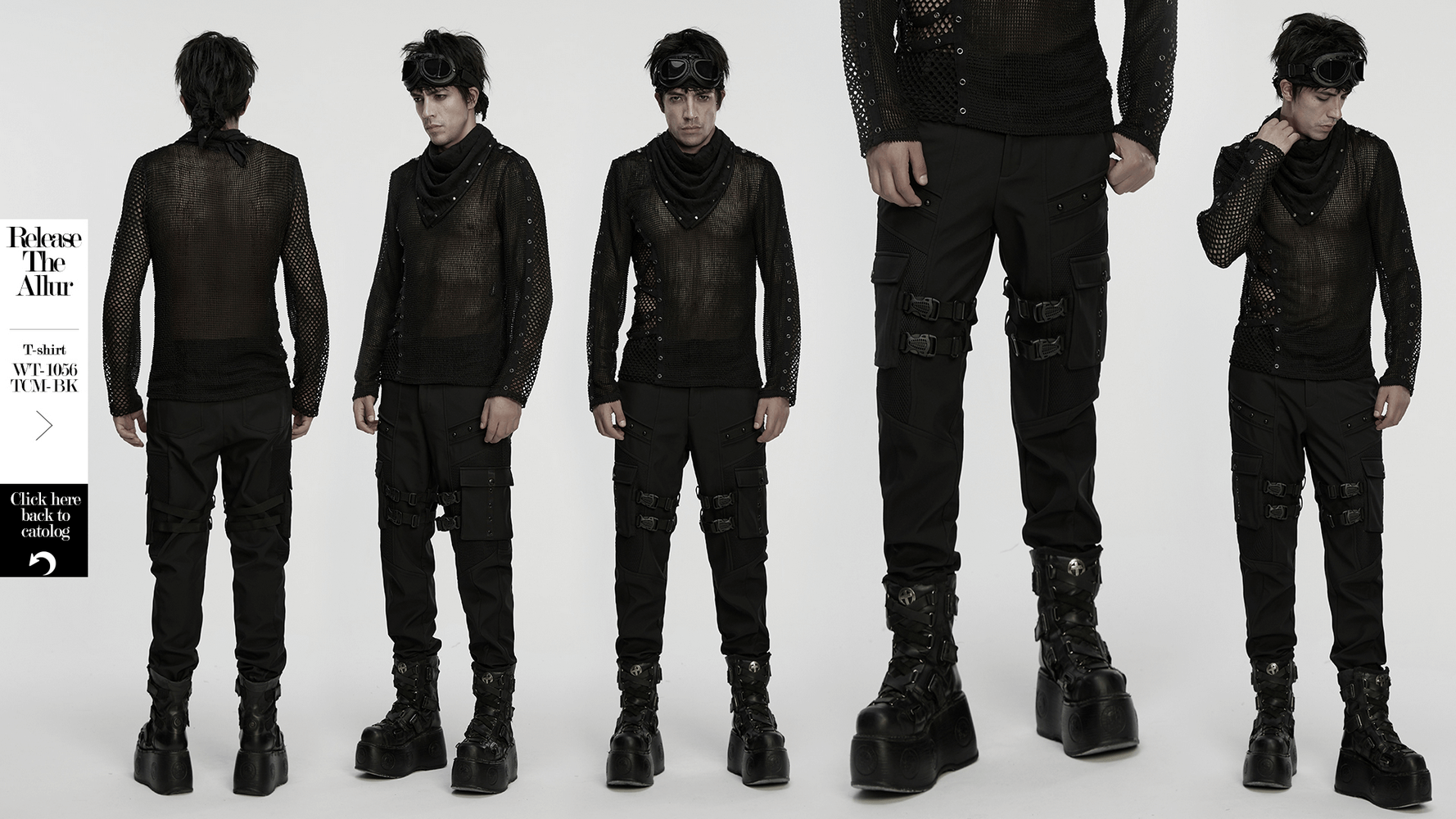 Gothic Buckle Cargo Pants with Mesh and Strap Details showcased in a stylish punk outfit with unique footwear.