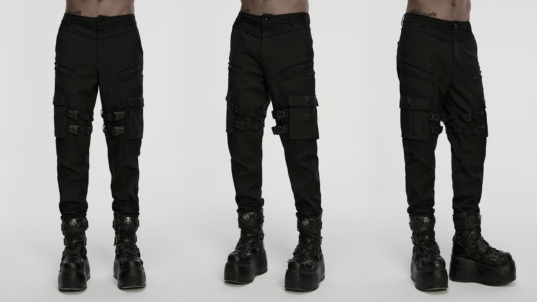 Gothic Buckle Cargo Pants with Mesh and Strap Details displayed from three angles, showcasing pockets and buckles.