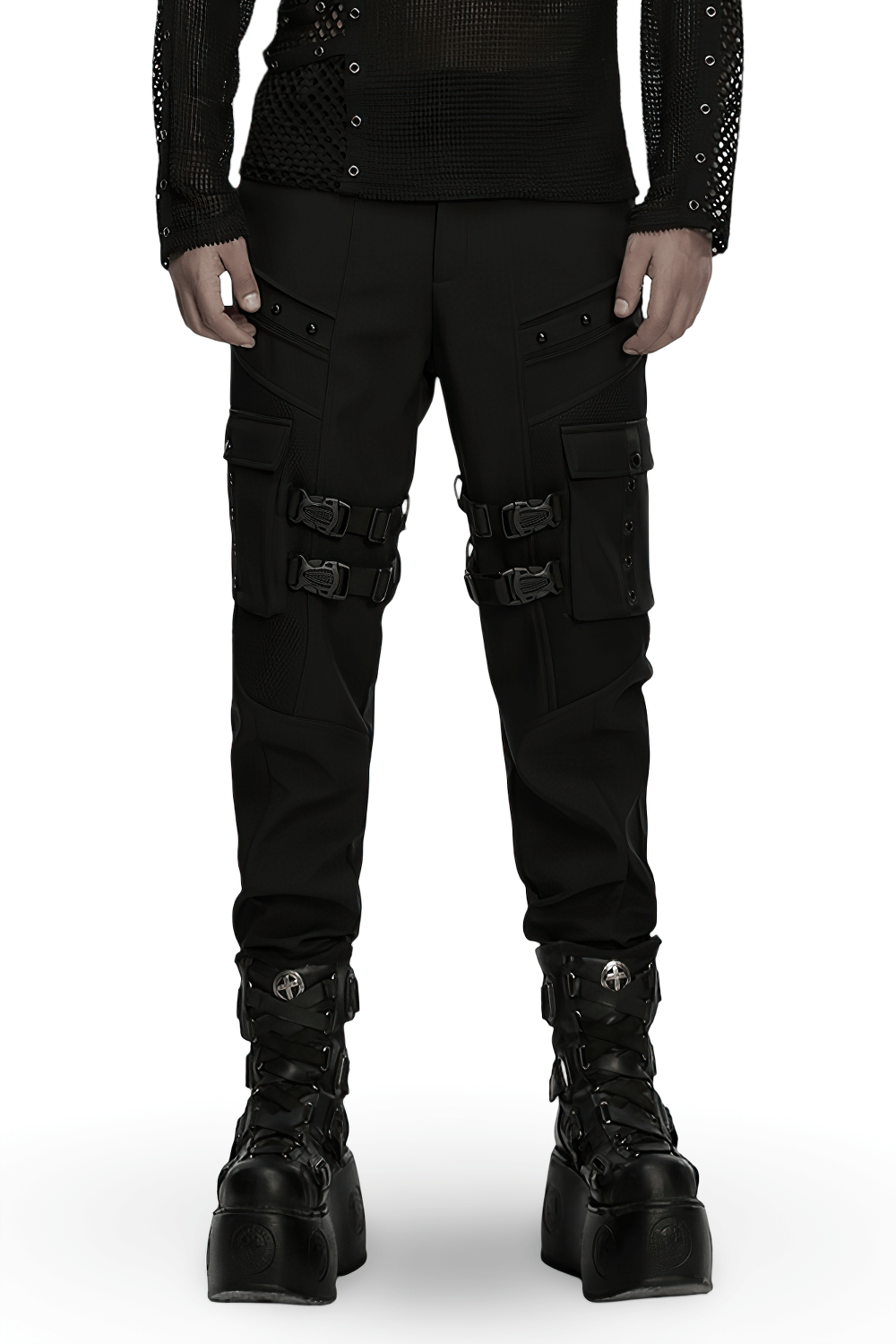 Gothic Buckle Cargo Pants with Mesh and Strap Details worn by model, showcasing punk style with buckles and pockets.