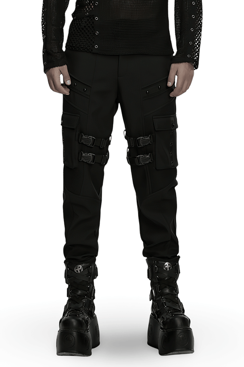 Gothic Buckle Cargo Pants with Mesh and Strap Details