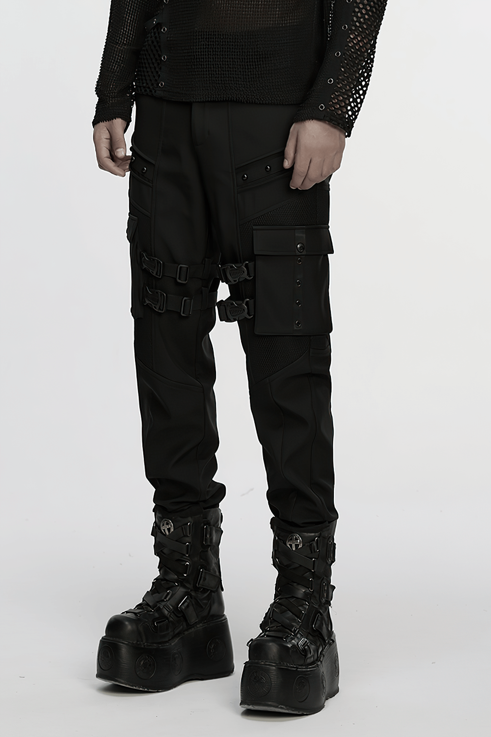 Gothic Buckle Cargo Pants with Mesh and Strap Details worn with chunky platform boots, showcasing punk style and utility design.