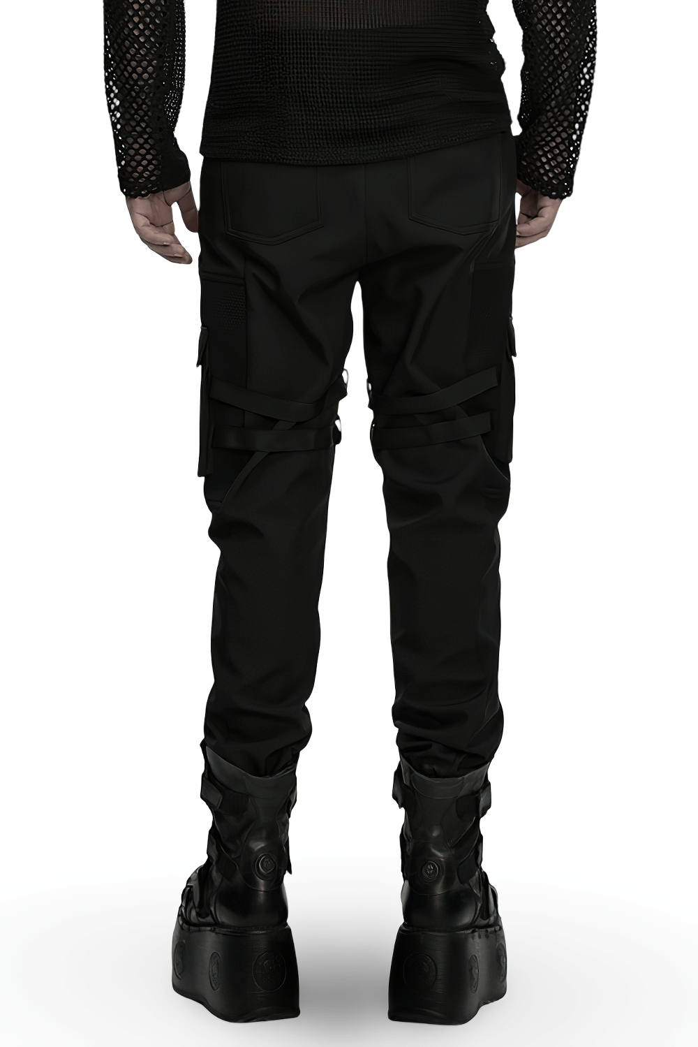 Gothic Buckle Cargo Pants with Mesh and Strap Details showcasing unique strap details and sleek design from the back.