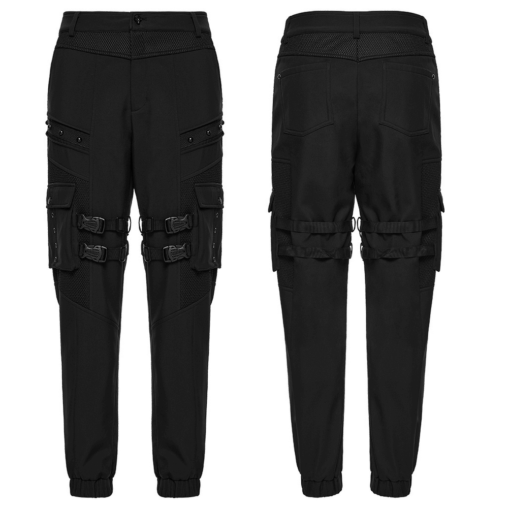 Gothic Buckle Cargo Pants with Mesh and Strap Details showcasing the back view with buckles and pockets.