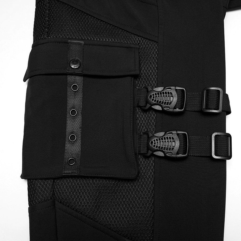 Gothic Buckle Cargo Pants with Mesh and Strap Details featuring buckle accents and side pocket.