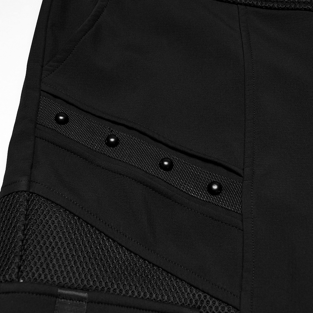 Gothic Buckle Cargo Pants with Mesh and Strap Details showcasing side view with buckle accents and mesh detailing.