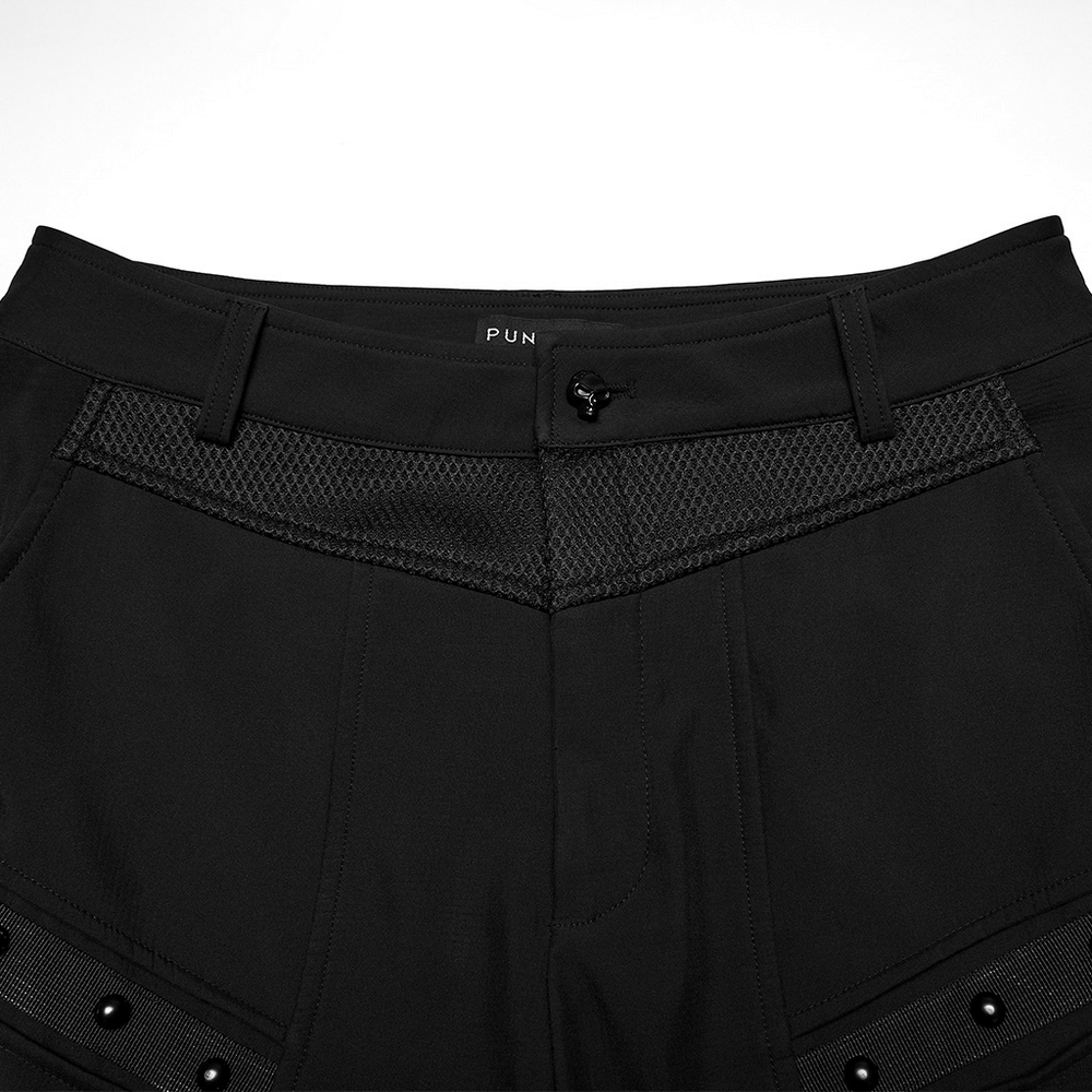 Gothic Buckle Cargo Pants with Mesh and Strap Details showcasing a close-up of the waist with mesh and buckle accents.