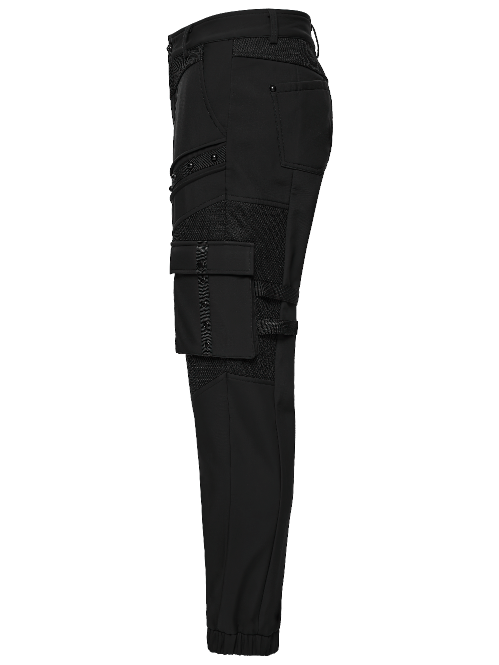 Gothic Buckle Cargo Pants with Mesh and Strap Details, showcasing side view with buckles and pockets for a punk techwear style.