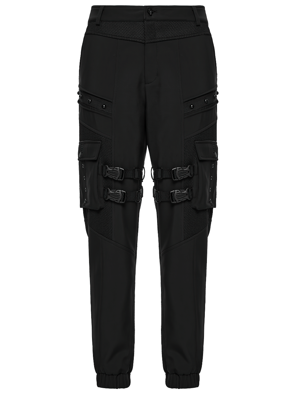 Gothic Buckle Cargo Pants with Mesh and Strap Details featuring pockets and buckle accents for a punk techwear style.
