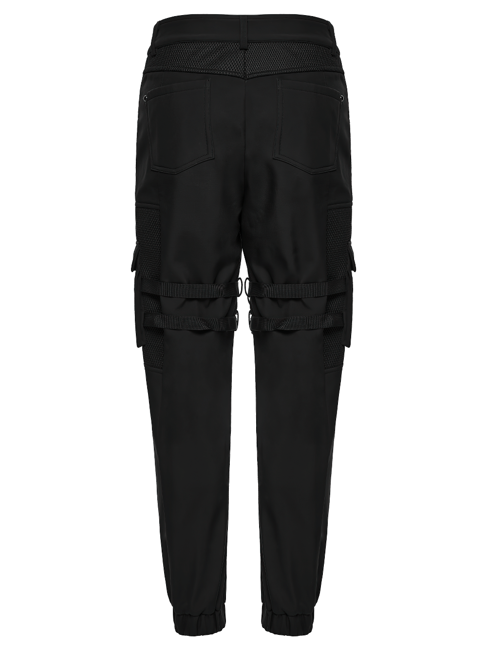 Gothic Buckle Cargo Pants with Mesh and Strap Details in black, showcasing back view with pockets and buckle accents.