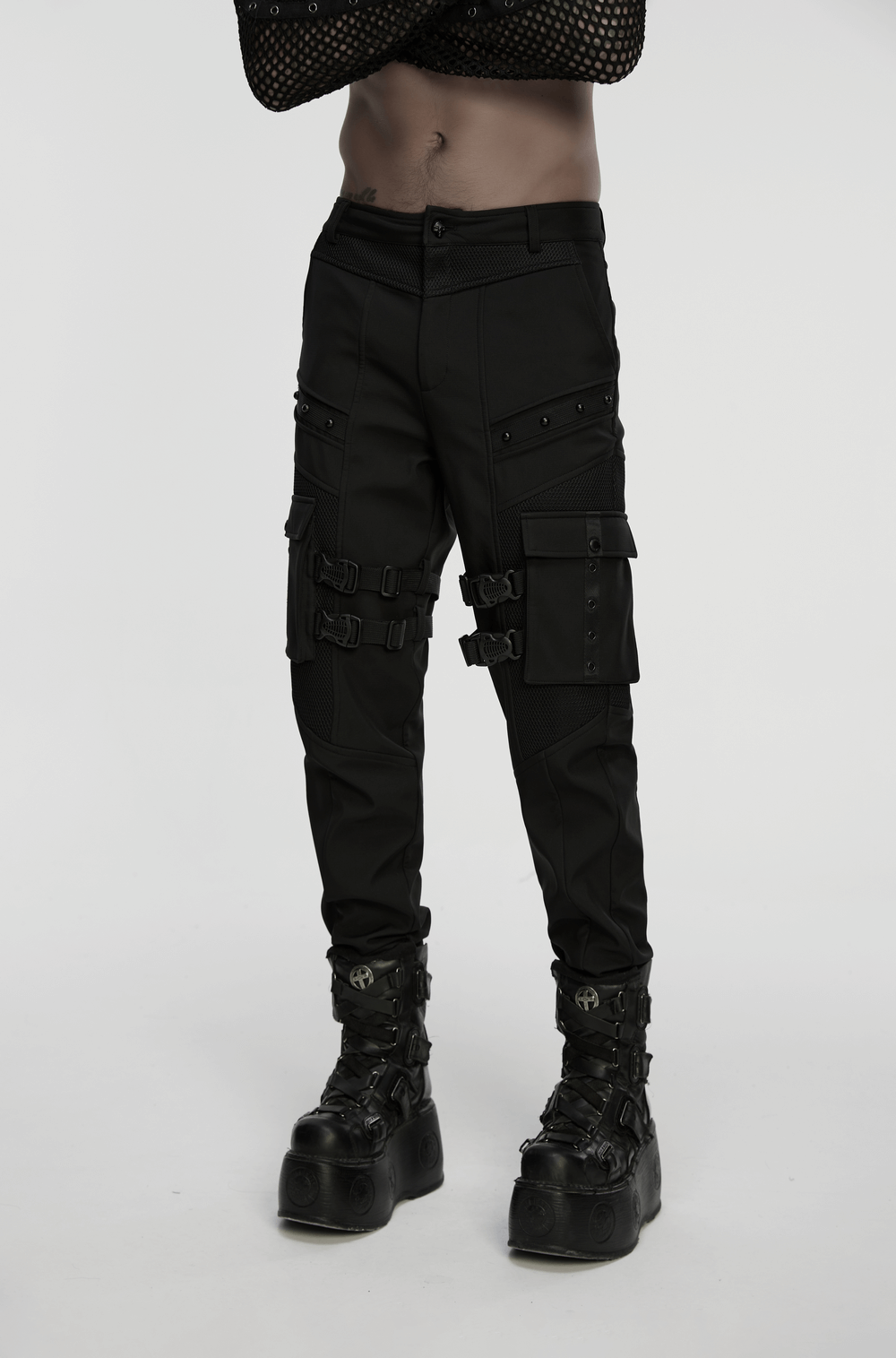 Gothic Buckle Cargo Pants with Mesh and Strap Details worn with platform boots, showcasing punk and techwear style.