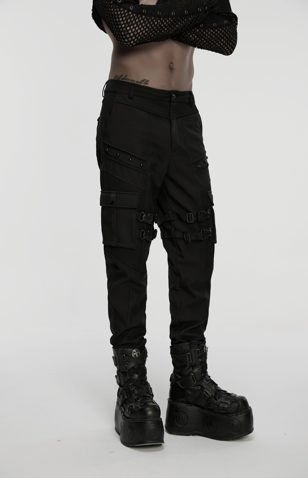 Gothic Buckle Cargo Pants with Mesh and Strap Details showcasing punk style and multifunctional pockets.
