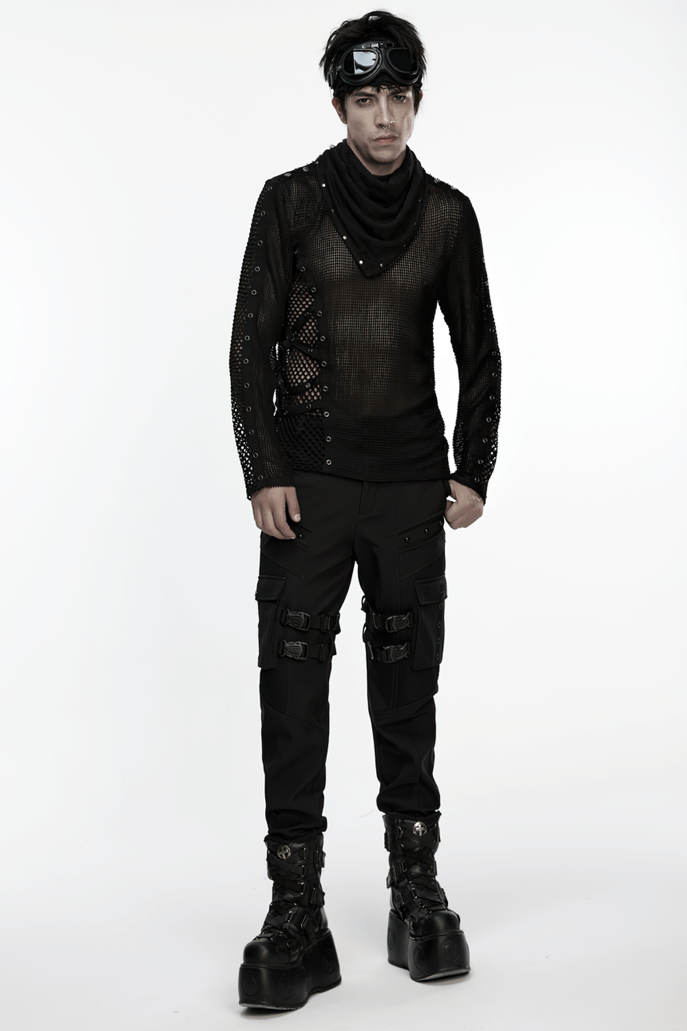 Gothic Buckle Cargo Pants with Mesh and Strap Details worn with a black mesh top and chunky boots, showcasing punk style.