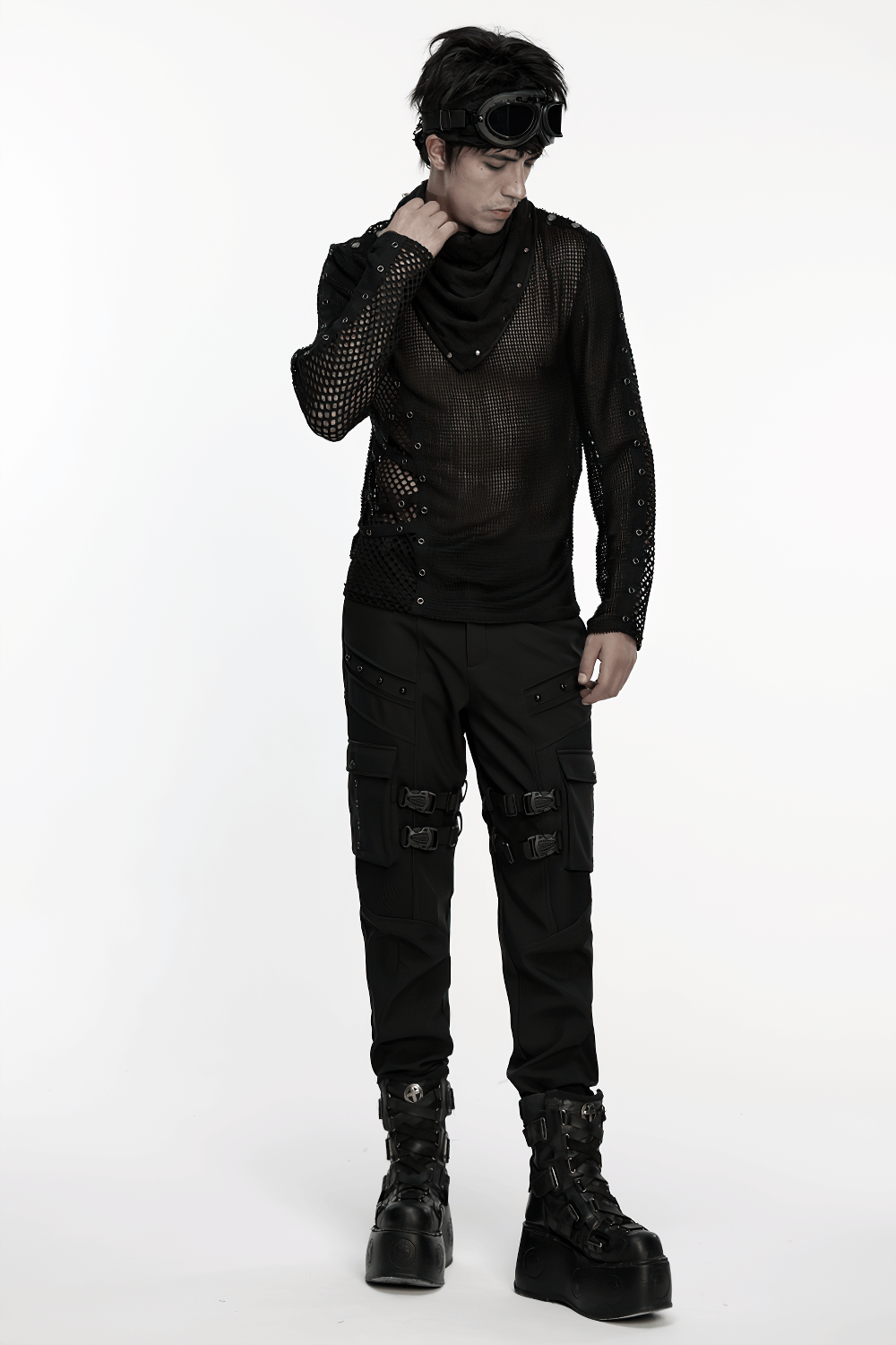 Gothic Buckle Cargo Pants with Mesh and Strap Details worn with a stylish mesh top and unique footwear.