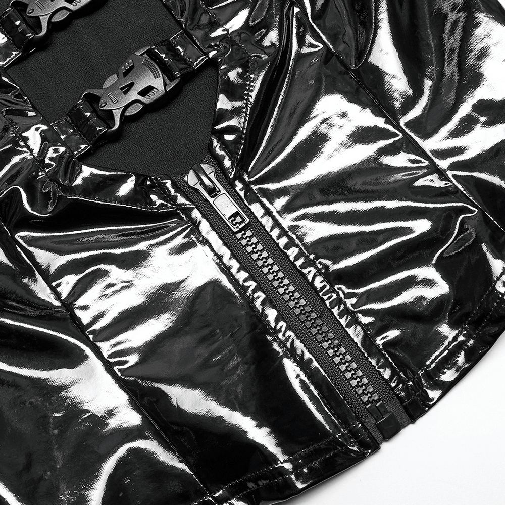 Close-up of Gothic Buckle Patent Leather Slim Vest, featuring glossy texture, grimace buckle, and zipper detail.