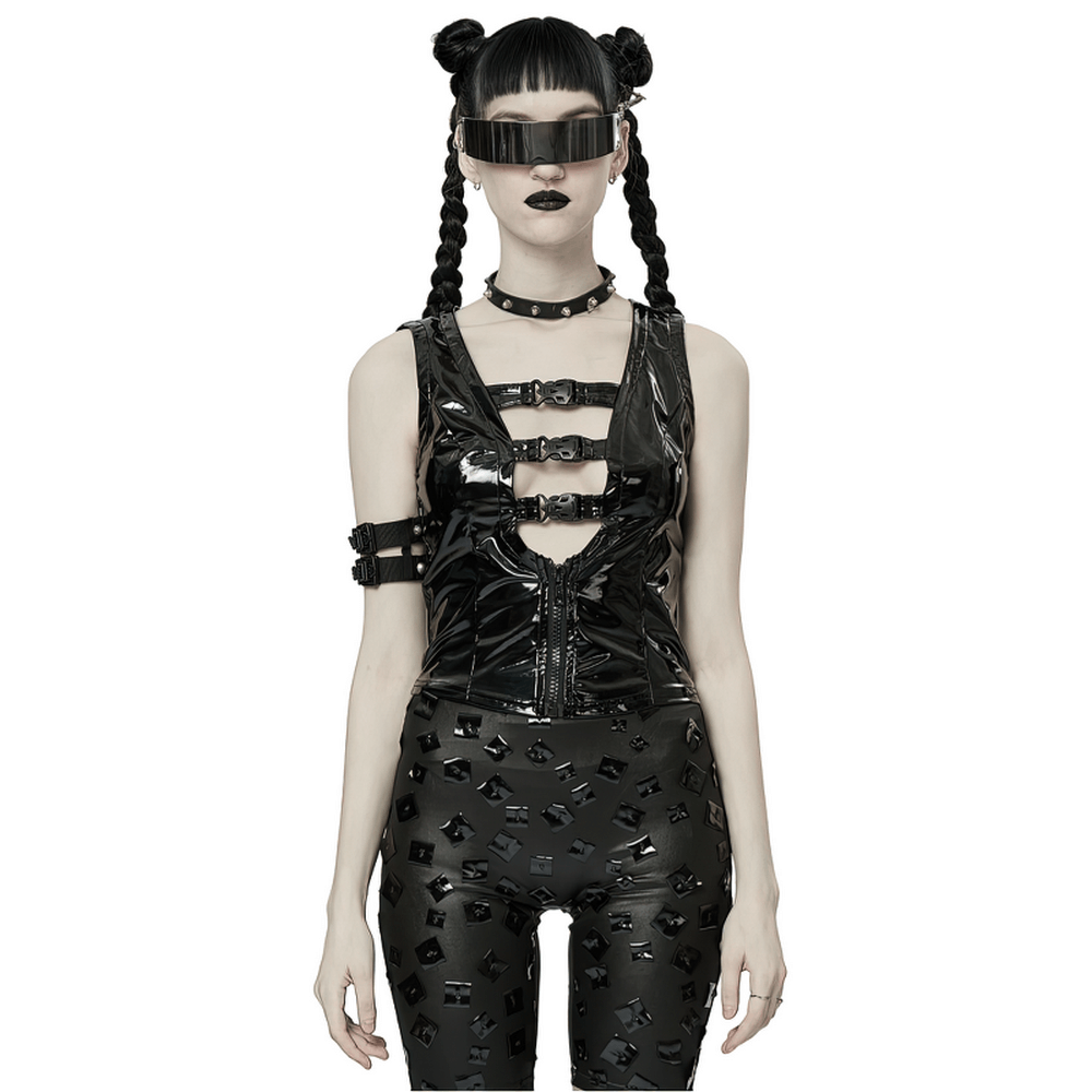Model wearing a Gothic Buckle Patent Leather Slim Vest with a unique design and edgy accessories for a bold punk style.