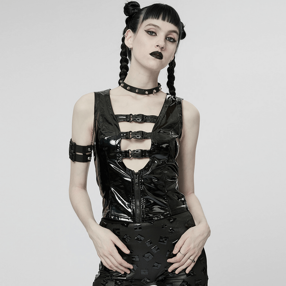 Model showcasing a Gothic Buckle Patent Leather Slim Vest with edgy details and a zipper, perfect for punk fashion.