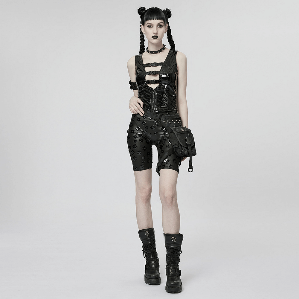 Model showcasing Gothic Buckle Patent Leather Slim Vest with punk style outfit and edgy accessories.