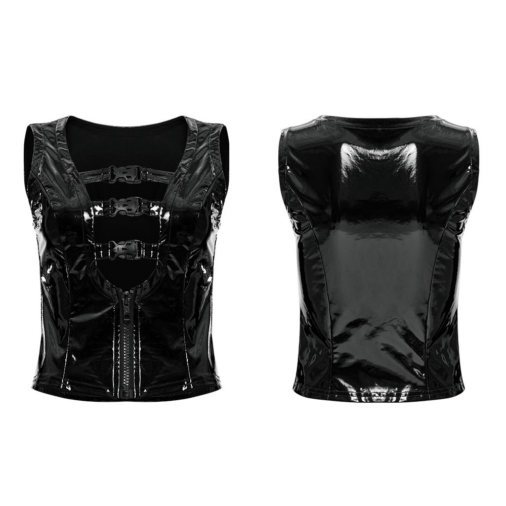 Gothic Buckle Patent Leather Slim Vest showcasing a sexy hollow-out design and grimace buckle for edgy fashion statement.