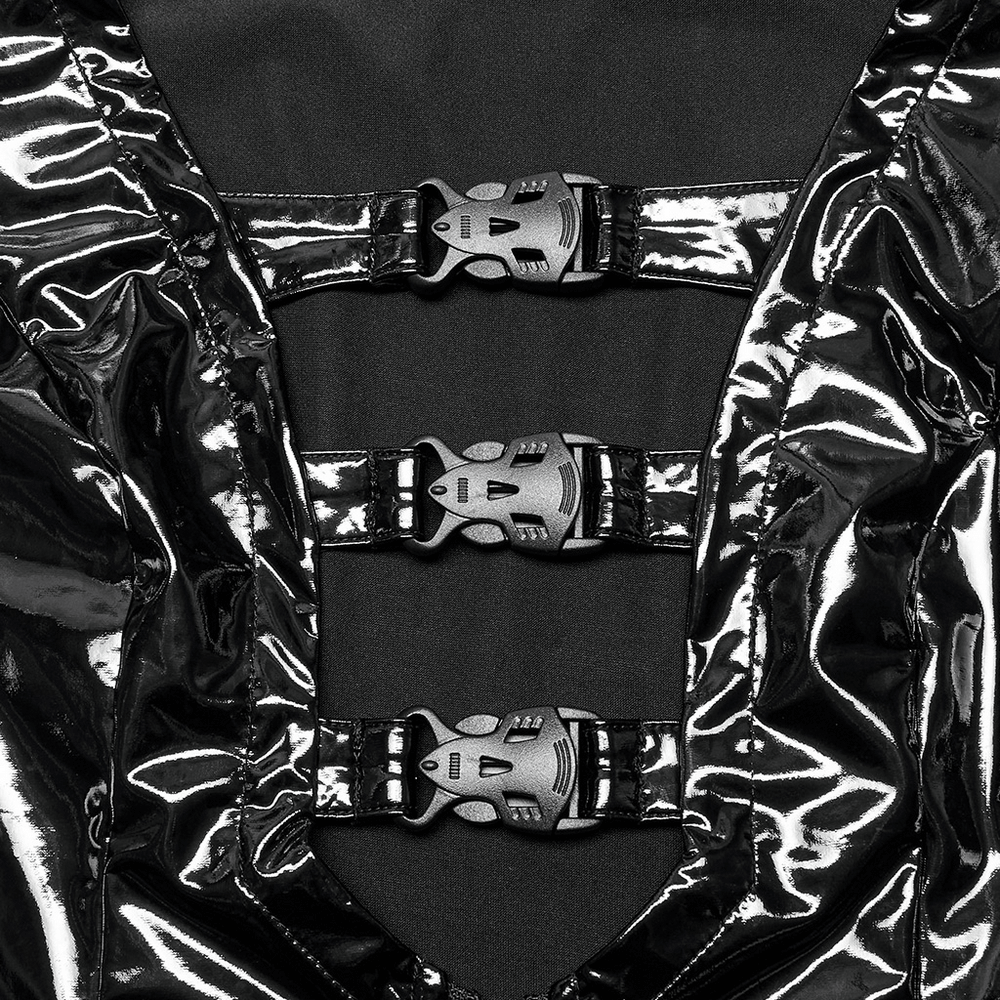 Close-up of gothic buckle details on a sleek black patent leather vest, showcasing a bold punk style.
