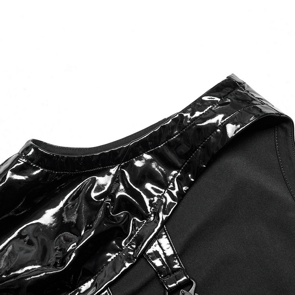 Close-up of Gothic Buckle Patent Leather Slim Vest showcasing shiny glossy fabric and unique buckle detail.
