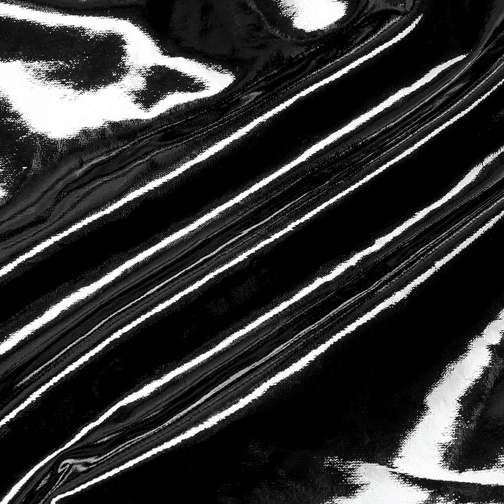 Close-up of shiny black patent leather texture with reflective streaks, perfect for gothic fashion. Ideal for edgy designs.