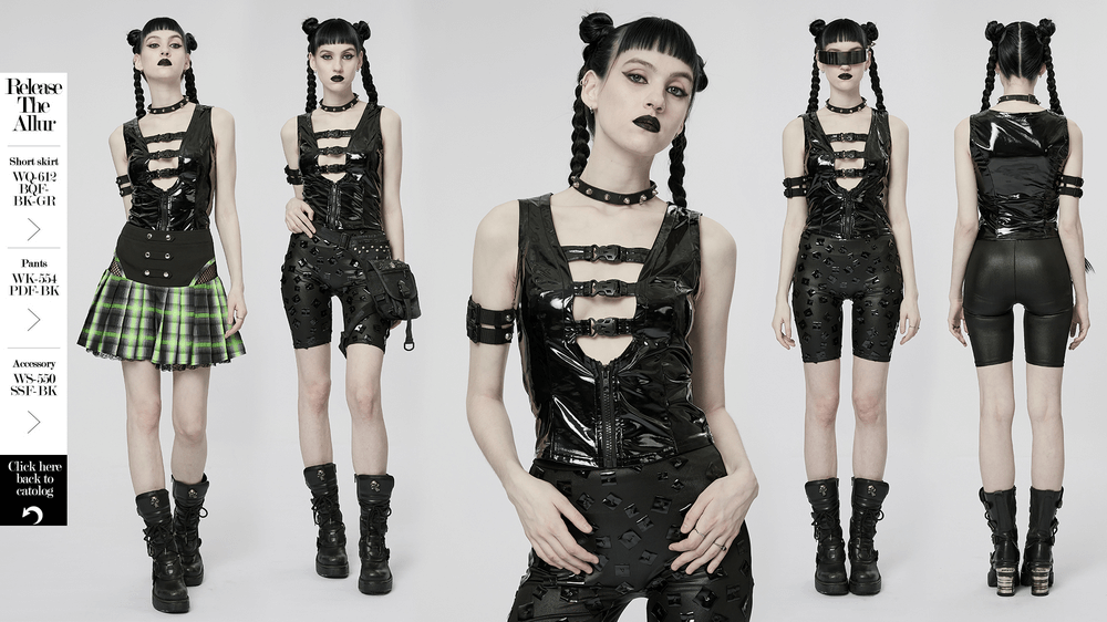 Gothic model wearing a black patent leather slim vest with buckles and edgy accessories, showcasing punk fashion style.