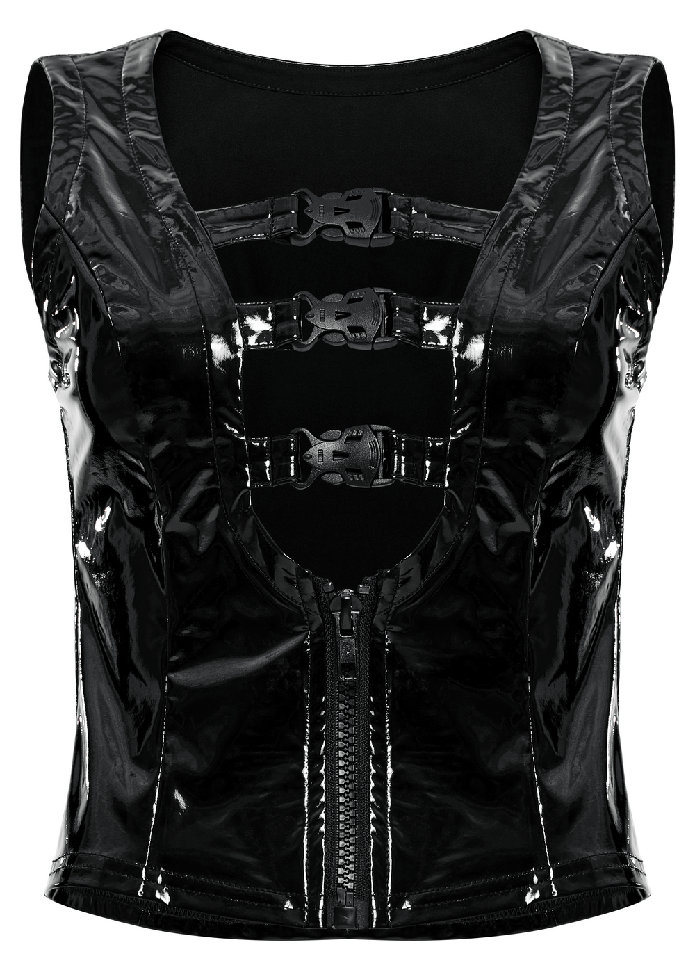 Gothic Buckle Patent Leather Slim Vest with hollow-out design and zipper detail for a punk style statement.